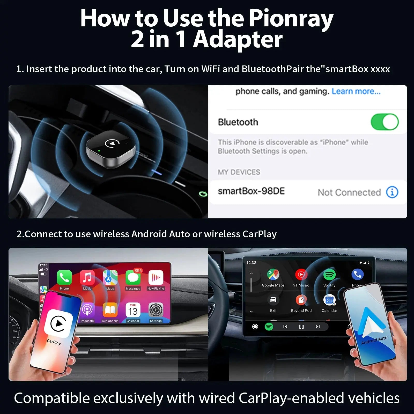 Nuovo adattatore wireless CarPlay Pionray 2 in 1 e adattatore wireless Android Auto, WiFi 5Ghz Type-C/USB Plug Play CarPlay Wireless