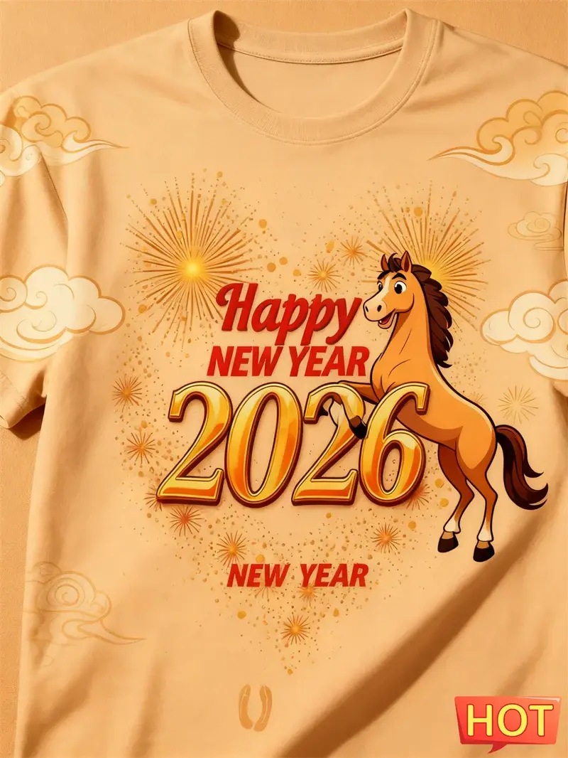 2026 Felice Anno Nuovo Lettere Modello Cavallo T-shirt Moda Alla Moda Uomo Donna 3D Stampato T-shirt Allentato Streetwear Girocollo Tees