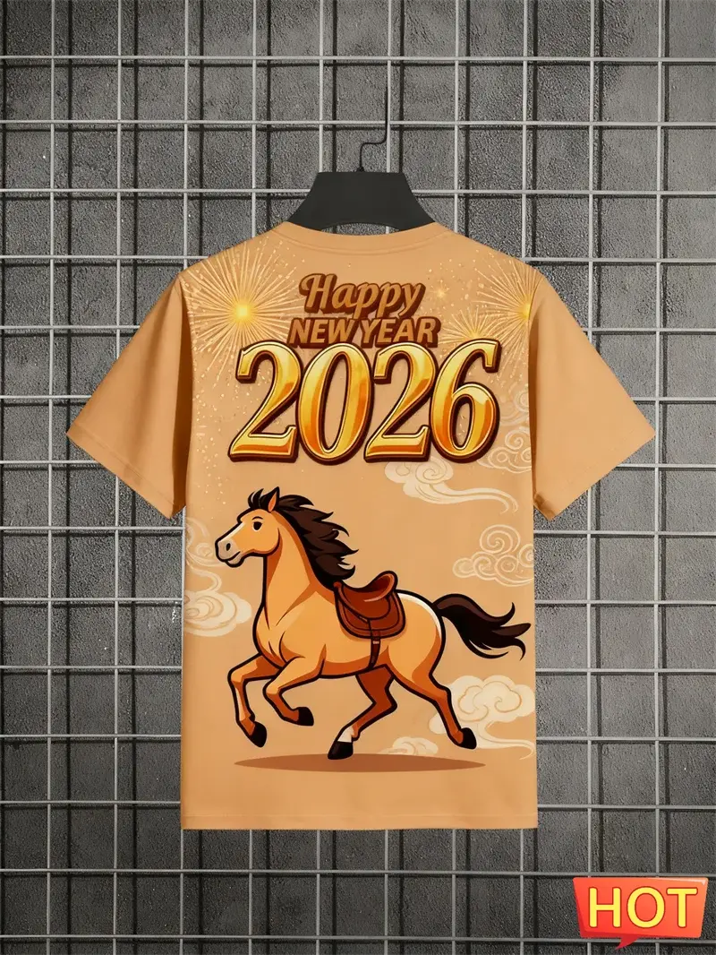 2026 Felice Anno Nuovo Lettere Modello Cavallo T-shirt Moda Alla Moda Uomo Donna 3D Stampato T-shirt Allentato Streetwear Girocollo Tees