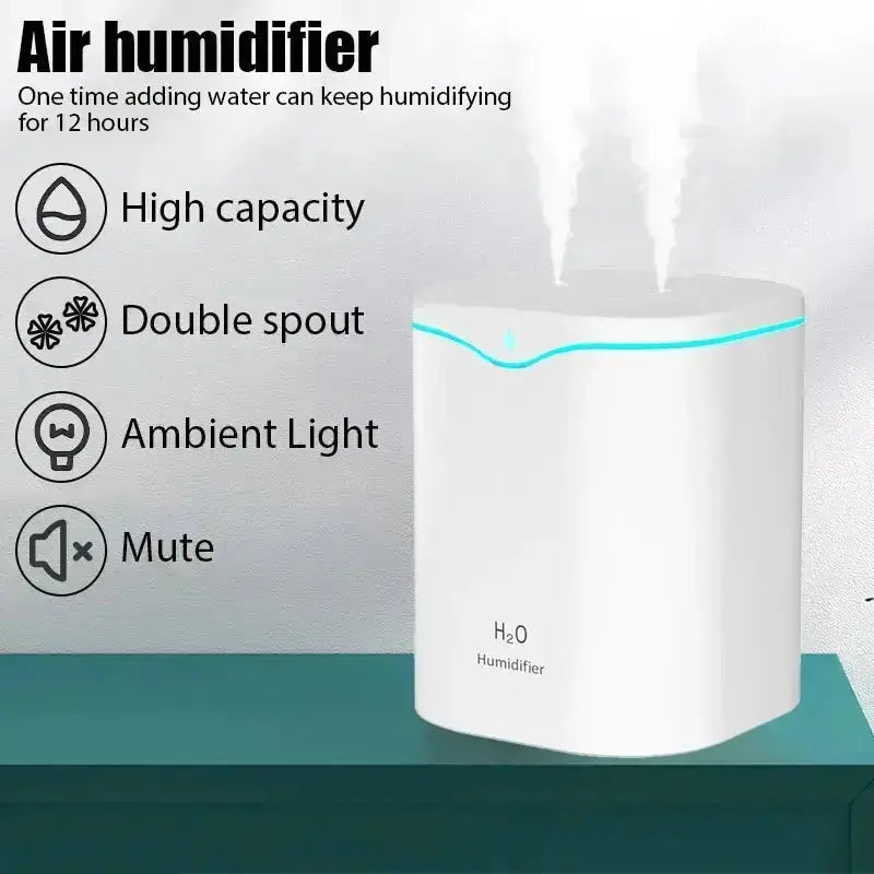 Umidificatore a doppio spruzzo di grande capacità Usb Home Camera da letto 2L Rifornitore d'acqua silenzioso Purificatore d'aria Diffusore d'acqua wireless Ufficio