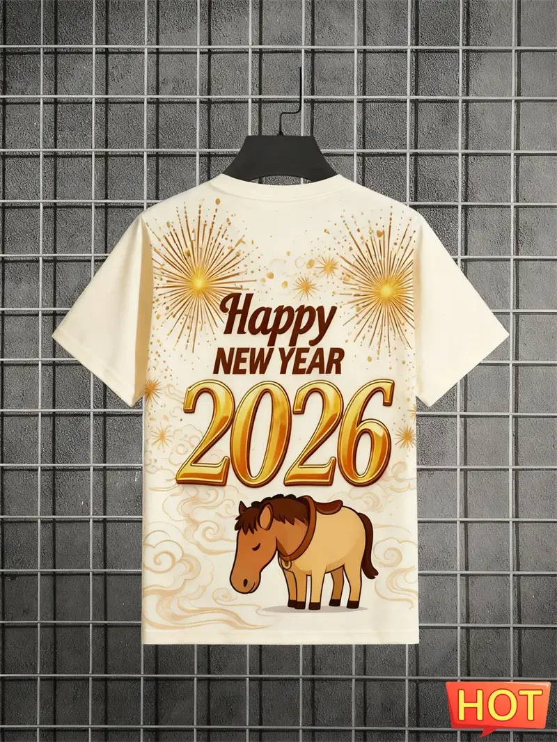 2026 Felice Anno Nuovo Lettere Modello Cavallo T-shirt Moda Alla Moda Uomo Donna 3D Stampato T-shirt Allentato Streetwear Girocollo Tees