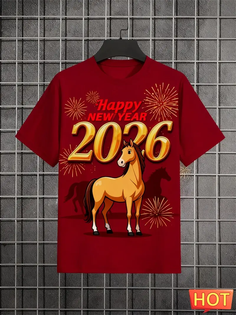 2026 Felice Anno Nuovo Lettere Modello Cavallo T-shirt Moda Alla Moda Uomo Donna 3D Stampato T-shirt Allentato Streetwear Girocollo Tees