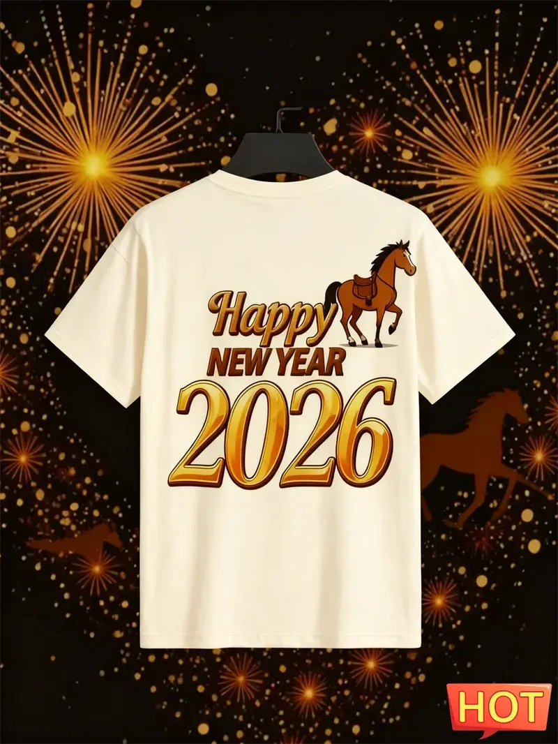 2026 Felice Anno Nuovo Lettere Modello Cavallo T-shirt Moda Alla Moda Uomo Donna 3D Stampato T-shirt Allentato Streetwear Girocollo Tees