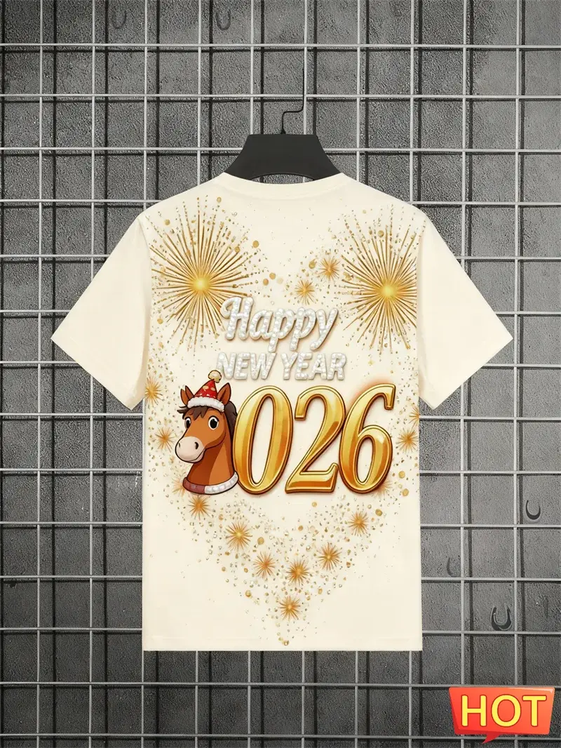 2026 Felice Anno Nuovo Lettere Modello Cavallo T-shirt Moda Alla Moda Uomo Donna 3D Stampato T-shirt Allentato Streetwear Girocollo Tees