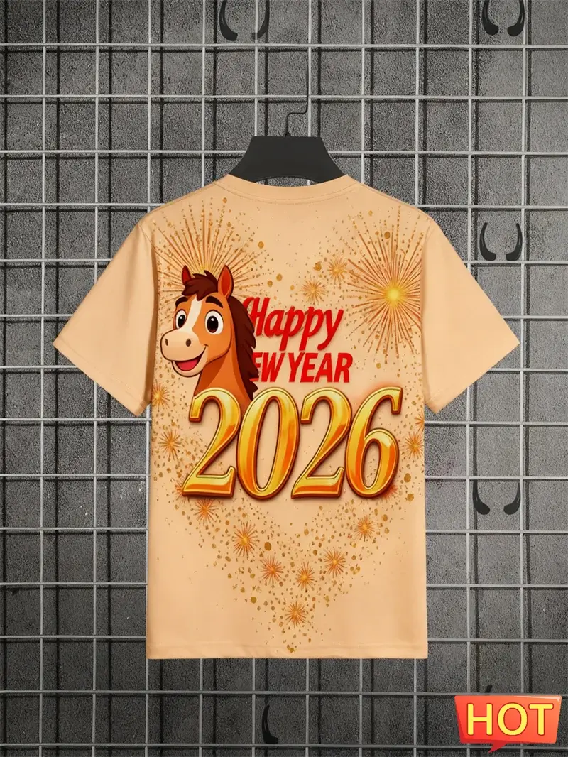 2026 Felice Anno Nuovo Lettere Modello Cavallo T-shirt Moda Alla Moda Uomo Donna 3D Stampato T-shirt Allentato Streetwear Girocollo Tees