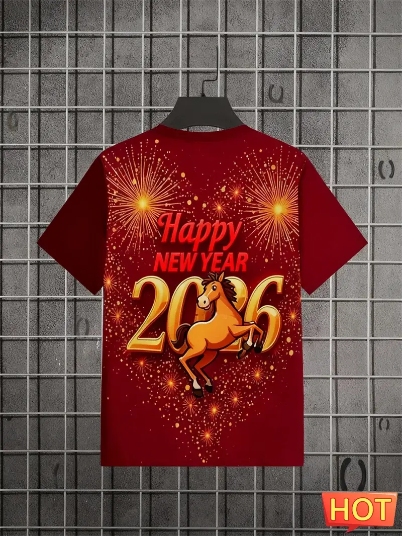 2026 Felice Anno Nuovo Lettere Modello Cavallo T-shirt Moda Alla Moda Uomo Donna 3D Stampato T-shirt Allentato Streetwear Girocollo Tees