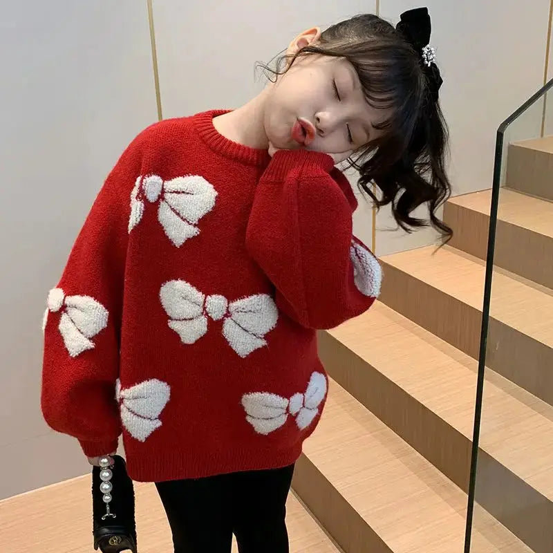Maglione per ragazze Moda 2025 Abbigliamento per bambini Peluche lavorato a maglia Abbigliamento invernale Nuove ragazze Rosso Natale Maglione addensato Bambini 12 anni
