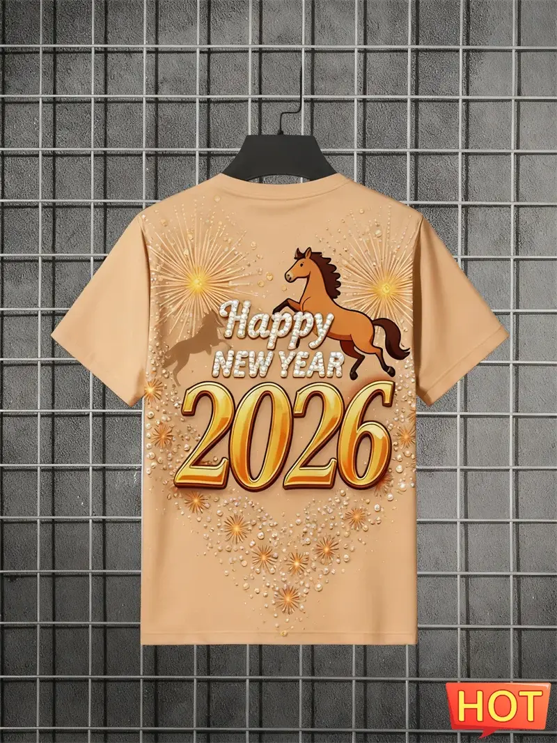 2026 Felice Anno Nuovo Lettere Modello Cavallo T-shirt Moda Alla Moda Uomo Donna 3D Stampato T-shirt Allentato Streetwear Girocollo Tees